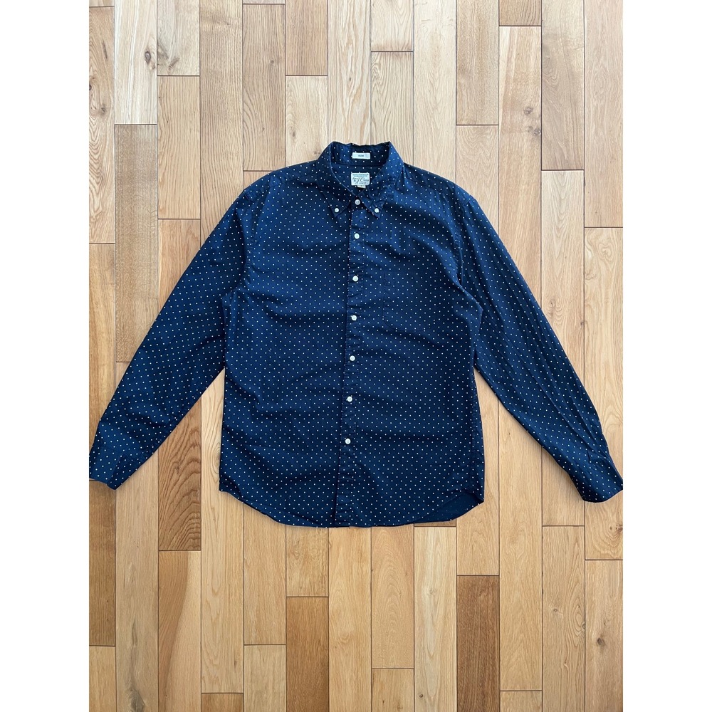 J. Crew Mens Navy Blue Button Up Long Sleeve Polka Dot Stretch Organic Slim L